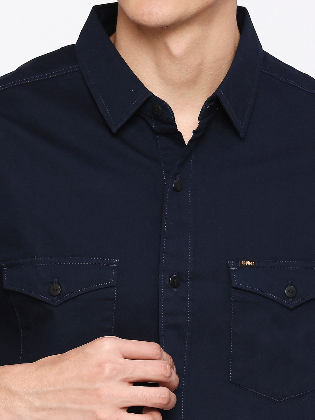 spykar | Spykar Men Navy Blue Cotton Slim Fit Plain Shirt 4