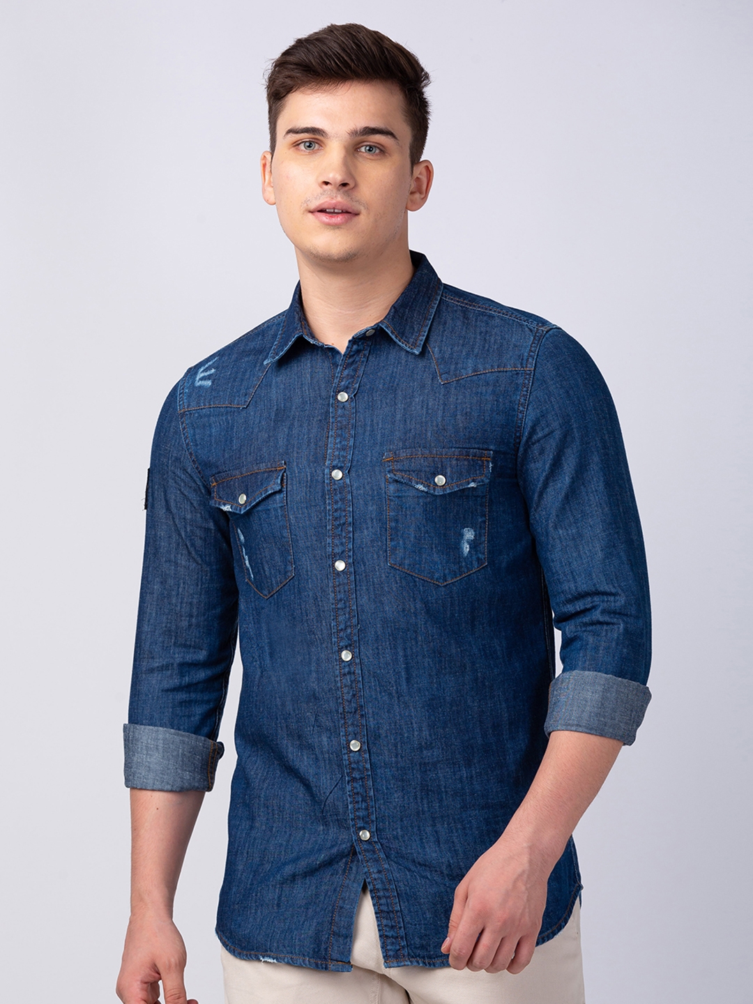 Spykar | Men's Blue Cotton Solid Casual Shirts 0
