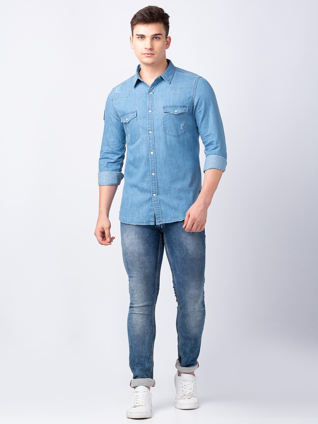 Spykar | Men's Blue Cotton Solid Casual Shirts 1