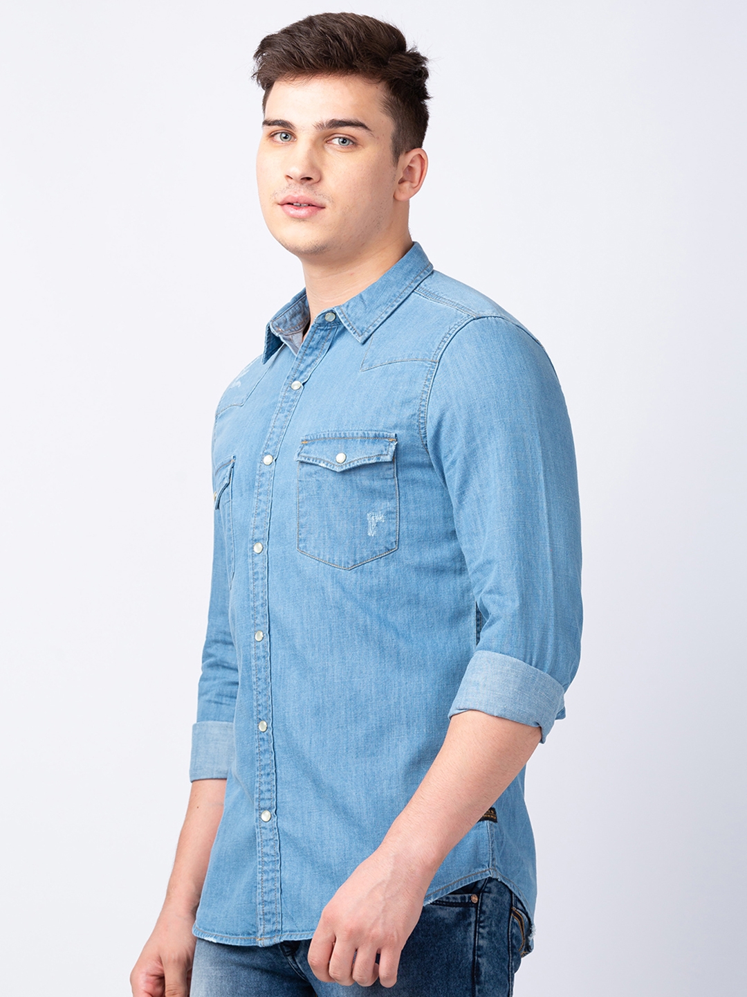Spykar | Men's Blue Cotton Solid Casual Shirts 3