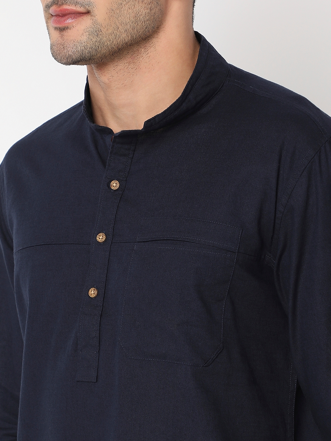 spykar | Spykar Men Navy Blue Cotton Linen Slim Fit Mandarin Collar Plain Kurta 5