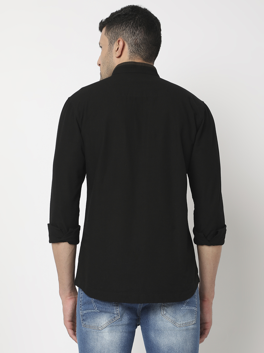 Spykar Men Black Cotton Linen Slim Fit Mandarin Collar Plain Kurta