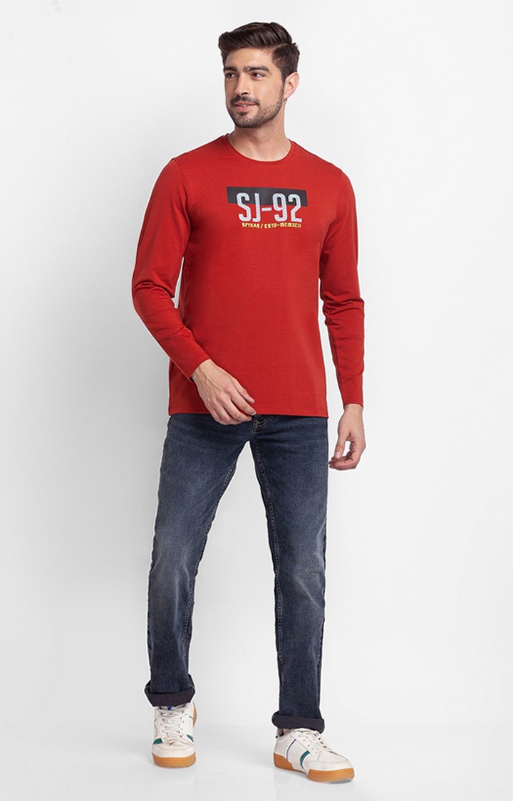 spykar | Spykar Brick Red Cotton Full Sleeve Printed Casual T-Shirt For Men 1