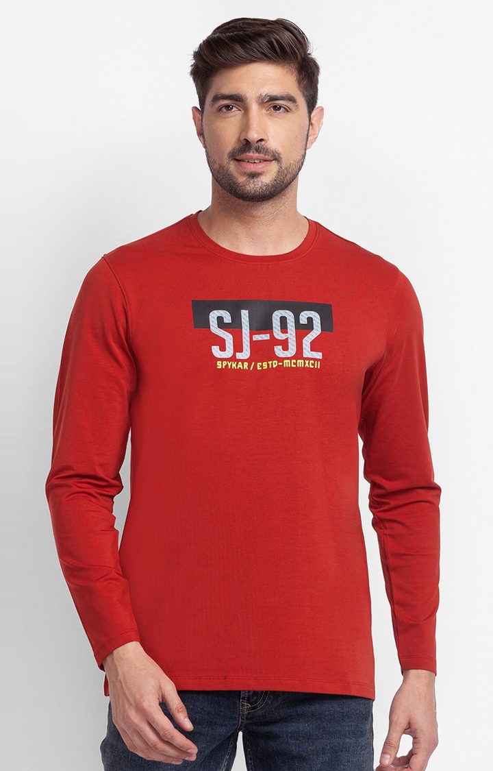 spykar | Spykar Brick Red Cotton Full Sleeve Printed Casual T-Shirt For Men 0