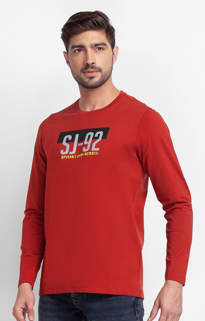 spykar | Spykar Brick Red Cotton Full Sleeve Printed Casual T-Shirt For Men 3