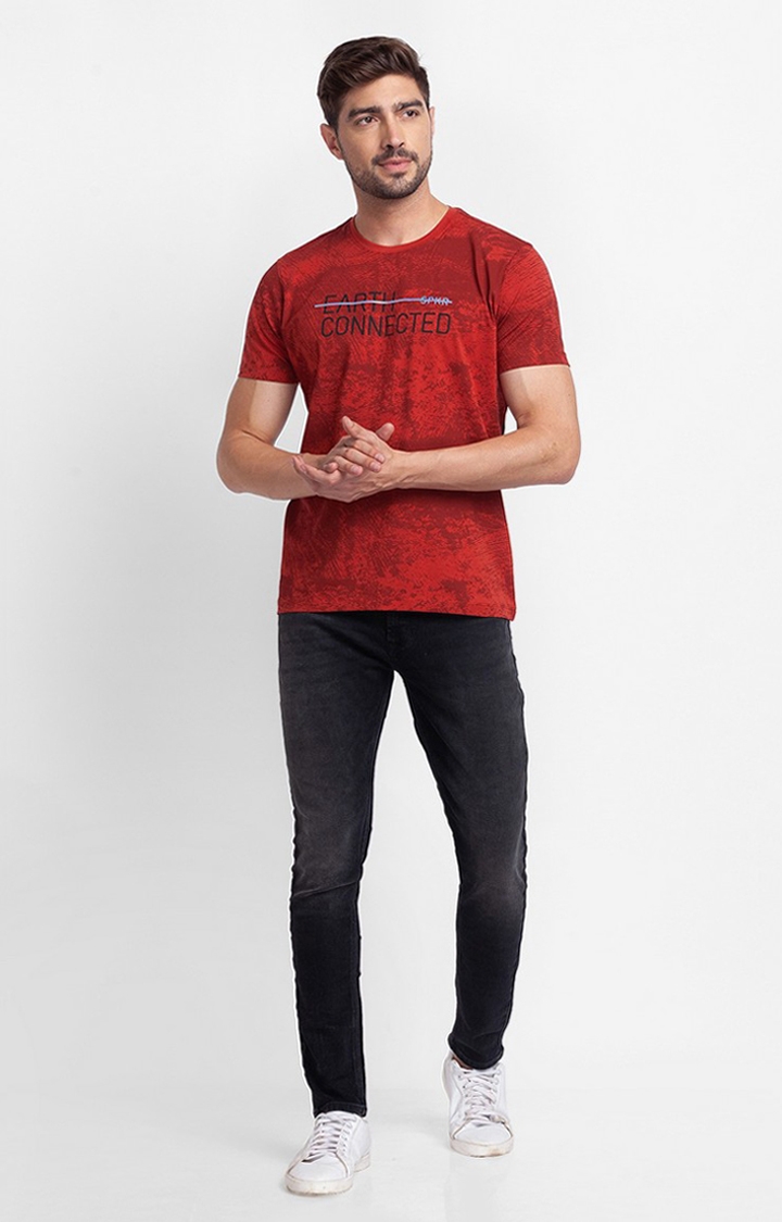 spykar | Spykar Brick Red Cotton Half Sleeve Printed Casual T-Shirt For Men 1