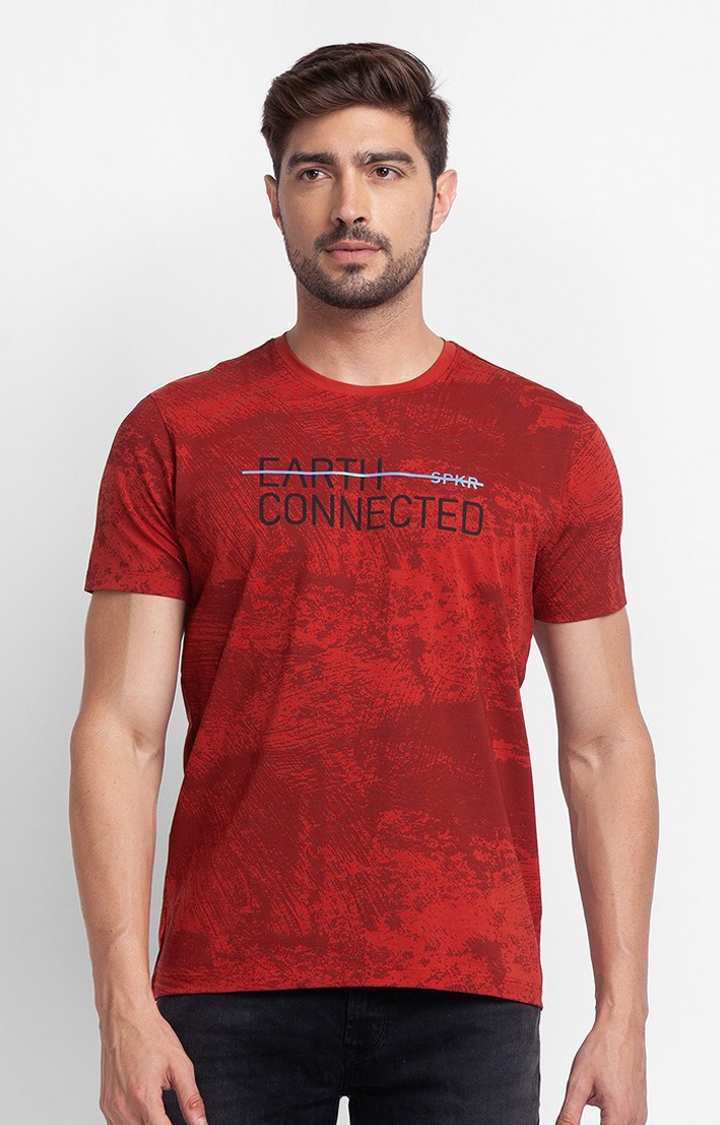 spykar | Spykar Brick Red Cotton Half Sleeve Printed Casual T-Shirt For Men 0