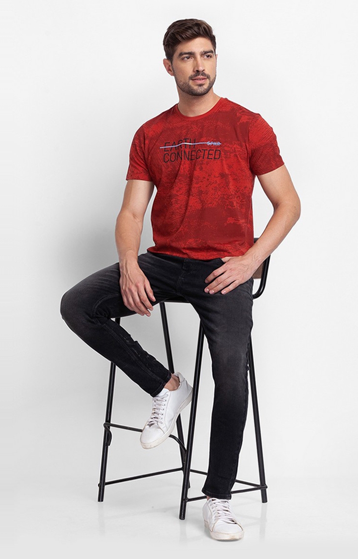 spykar | Spykar Brick Red Cotton Half Sleeve Printed Casual T-Shirt For Men 2