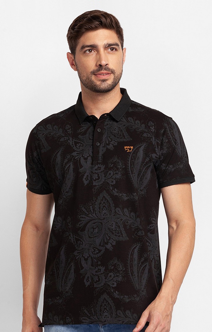 spykar | Spykar Black Cotton Half Sleeve Printed Casual Polo T-Shirt For Men 0