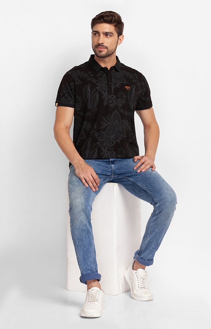 spykar | Spykar Black Cotton Half Sleeve Printed Casual Polo T-Shirt For Men 2