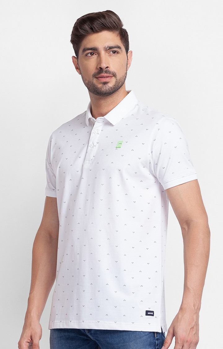 Spykar White Cotton Half Sleeve Printed Casual Polo T Shirt For Men