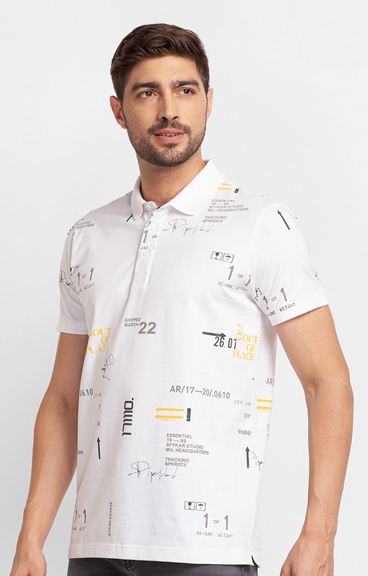 spykar | Spykar White Cotton Half Sleeve Printed Casual Polo T-Shirt For Men 3