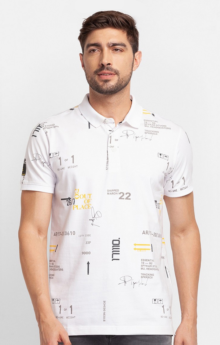 spykar | Spykar White Cotton Half Sleeve Printed Casual Polo T-Shirt For Men 0