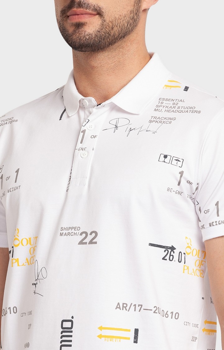 spykar | Spykar White Cotton Half Sleeve Printed Casual Polo T-Shirt For Men 5