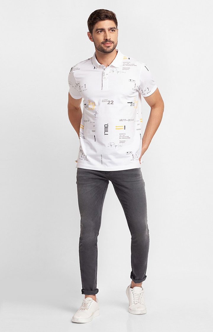 spykar | Spykar White Cotton Half Sleeve Printed Casual Polo T-Shirt For Men 1