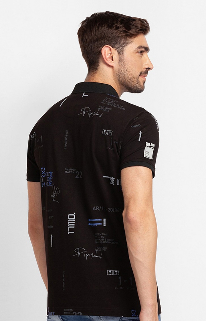 spykar | Spykar Black Cotton Half Sleeve Printed Casual Polo T-Shirt For Men 4