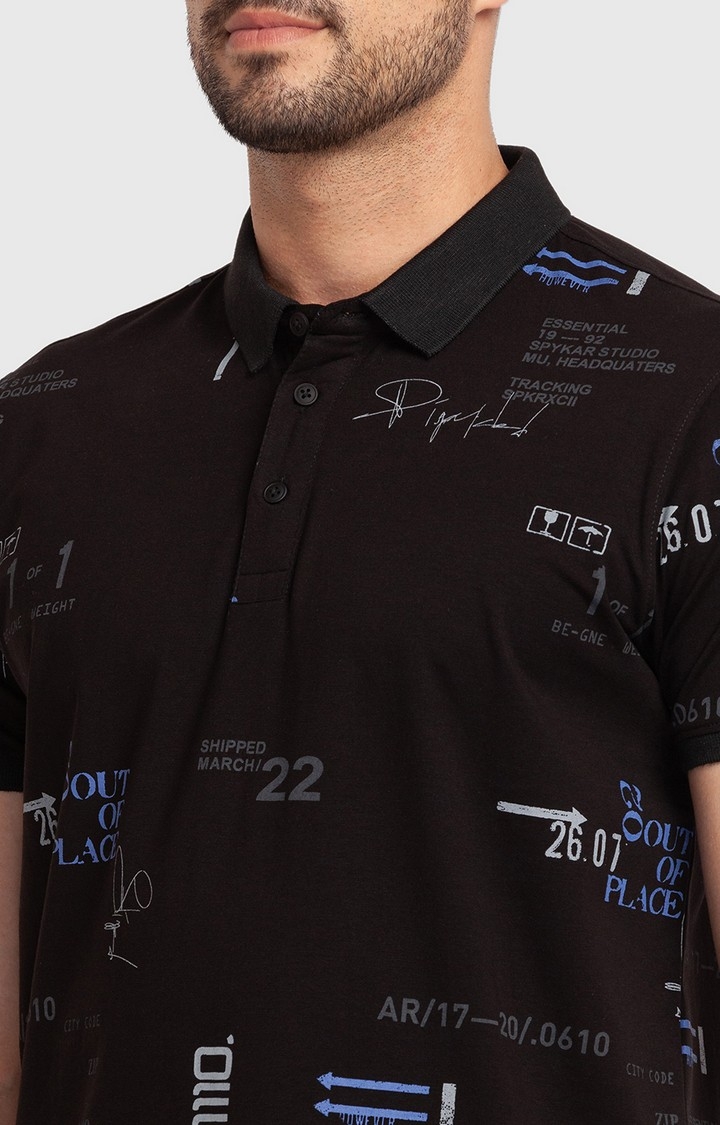 spykar | Spykar Black Cotton Half Sleeve Printed Casual Polo T-Shirt For Men 5