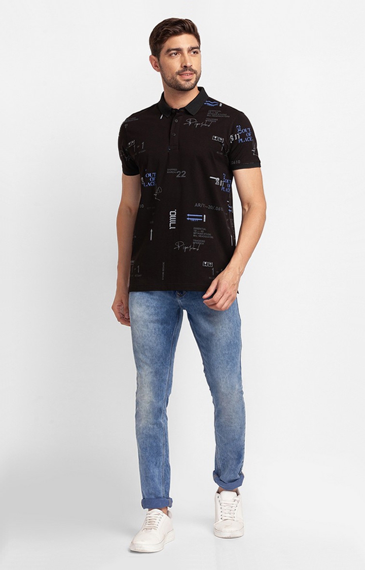 spykar | Spykar Black Cotton Half Sleeve Printed Casual Polo T-Shirt For Men 1