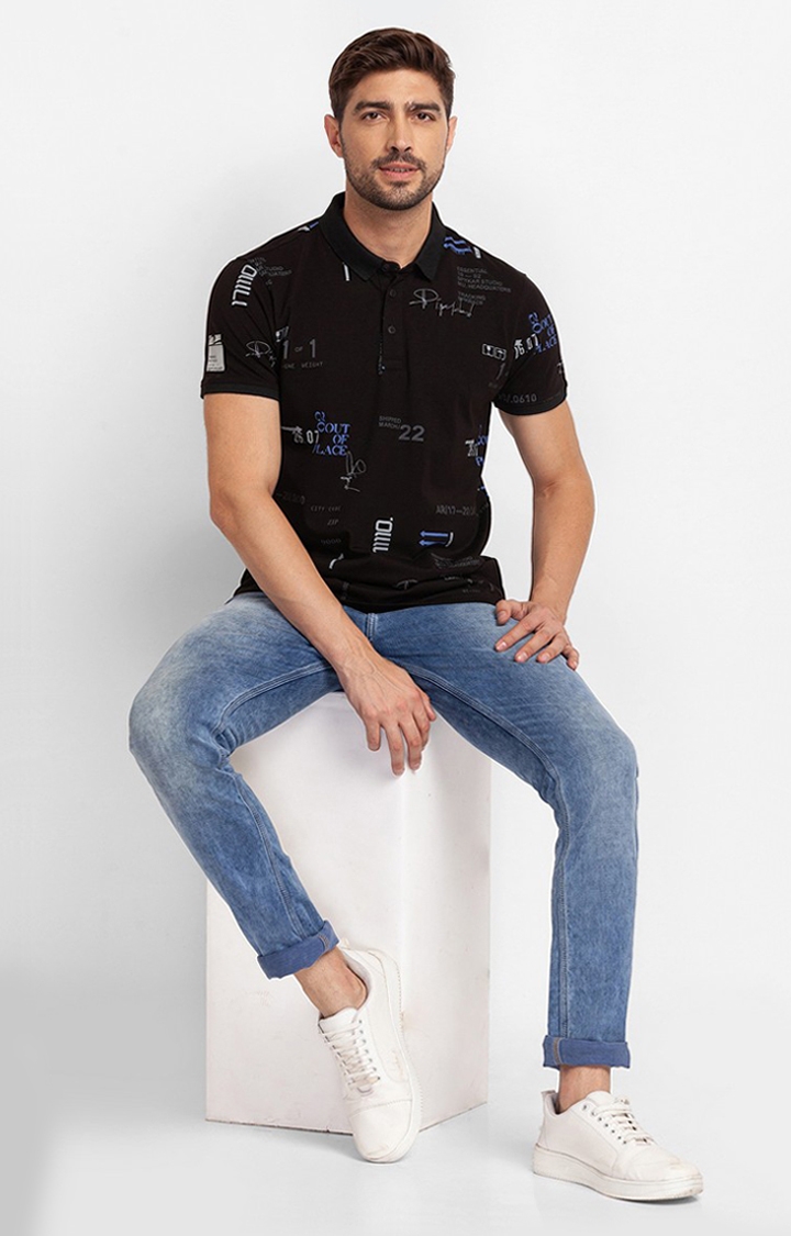 spykar | Spykar Black Cotton Half Sleeve Printed Casual Polo T-Shirt For Men 2