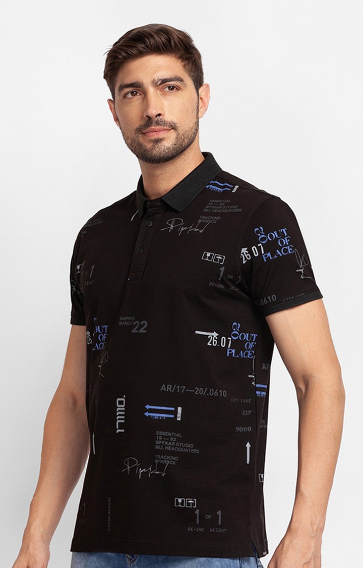 spykar | Spykar Black Cotton Half Sleeve Printed Casual Polo T-Shirt For Men 3