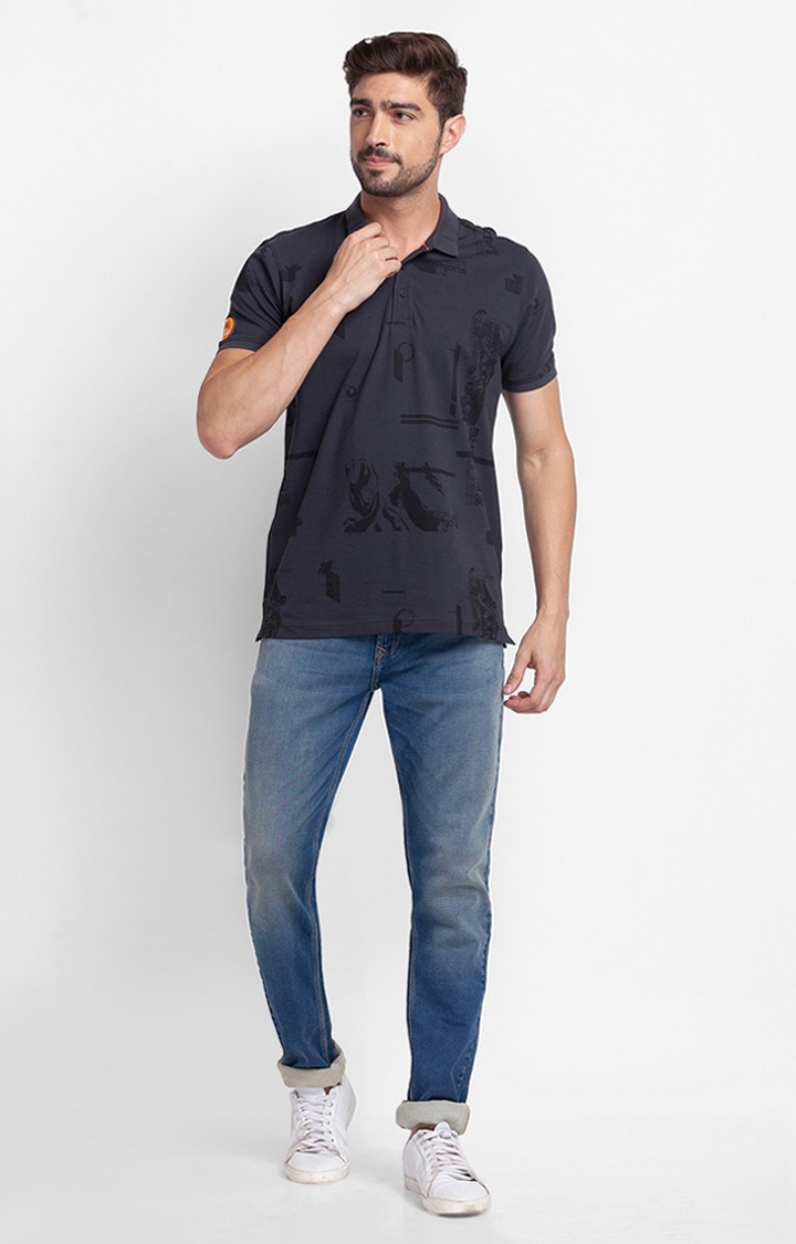 spykar | Spykar Slate Grey Cotton Half Sleeve Printed Casual Polo T-Shirt For Men 1