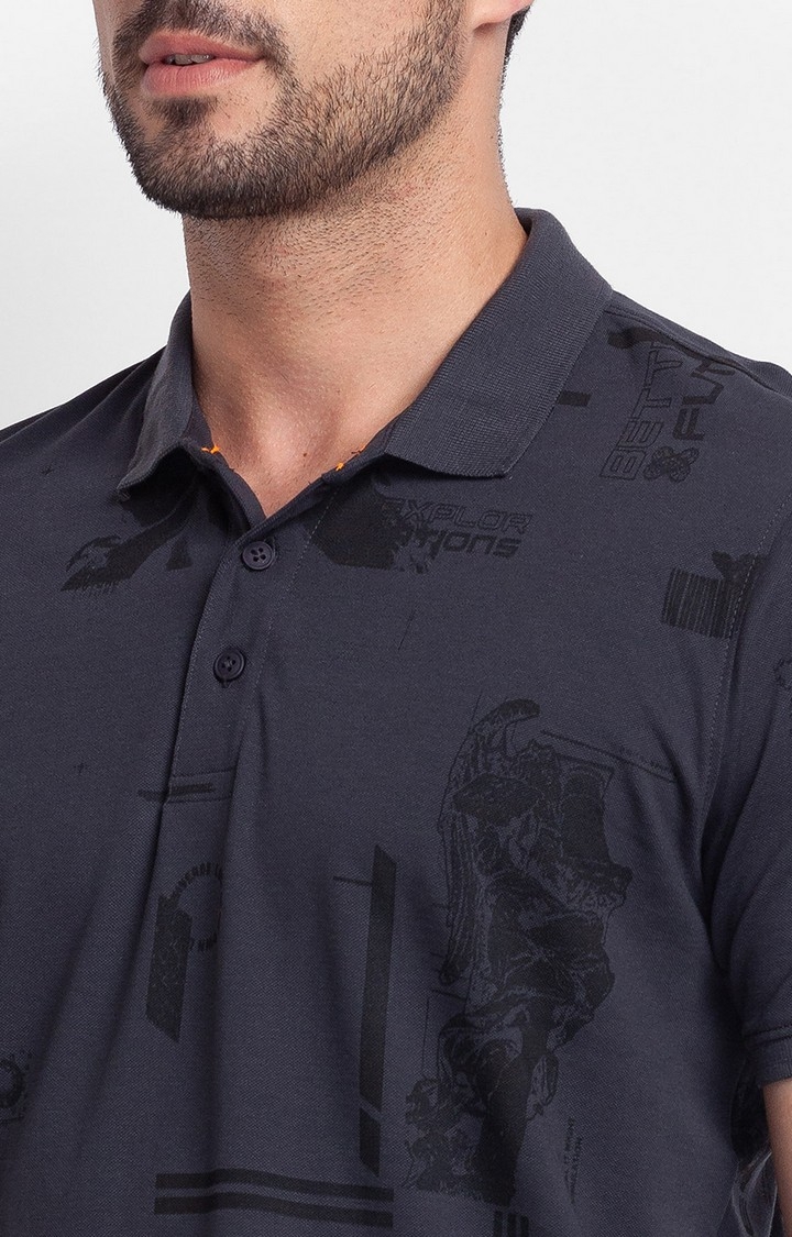 spykar | Spykar Slate Grey Cotton Half Sleeve Printed Casual Polo T-Shirt For Men 5