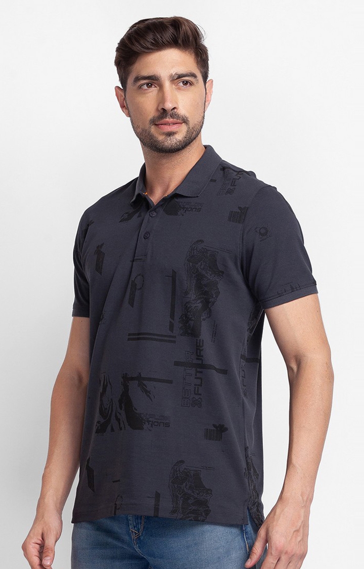 spykar | Spykar Slate Grey Cotton Half Sleeve Printed Casual Polo T-Shirt For Men 3