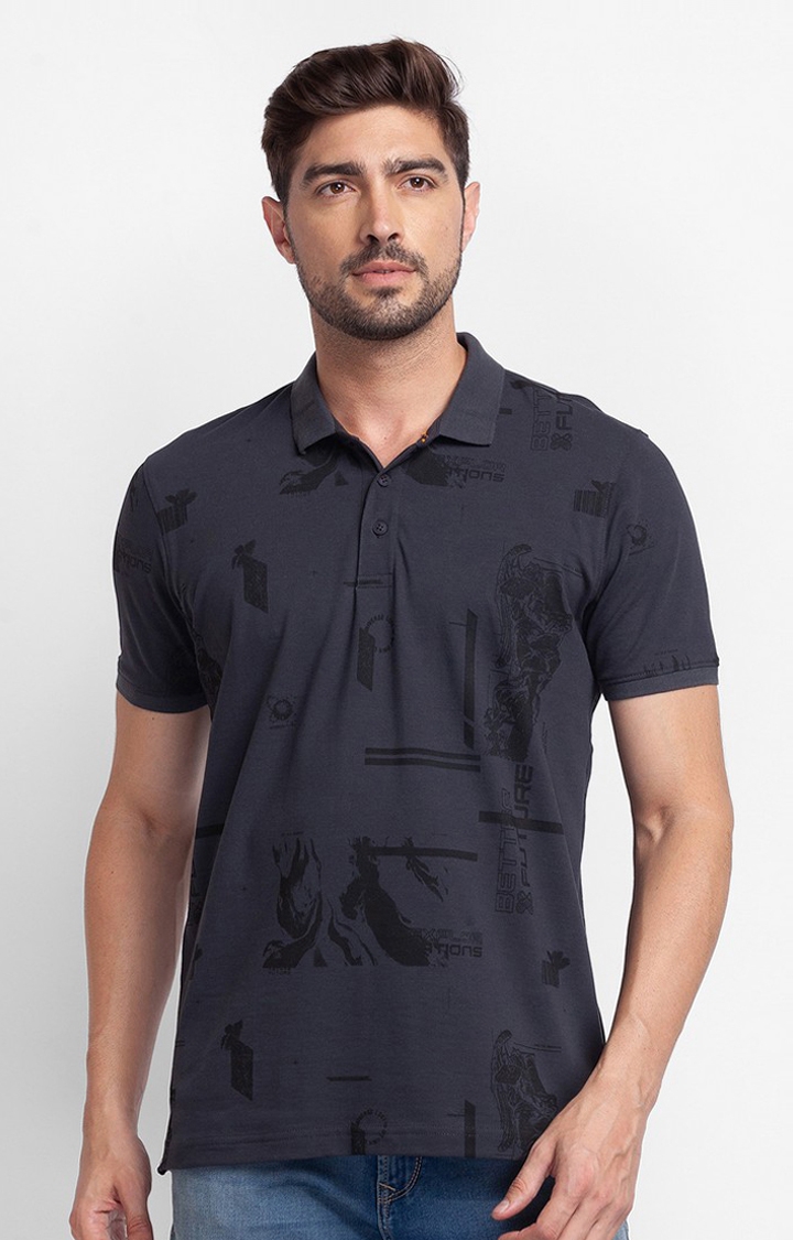 spykar | Spykar Slate Grey Cotton Half Sleeve Printed Casual Polo T-Shirt For Men 0