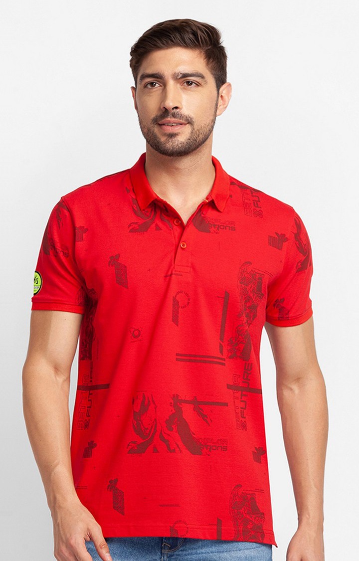 Spykar Red Cotton Half Sleeve Printed Casual Polo T Shirt For Men