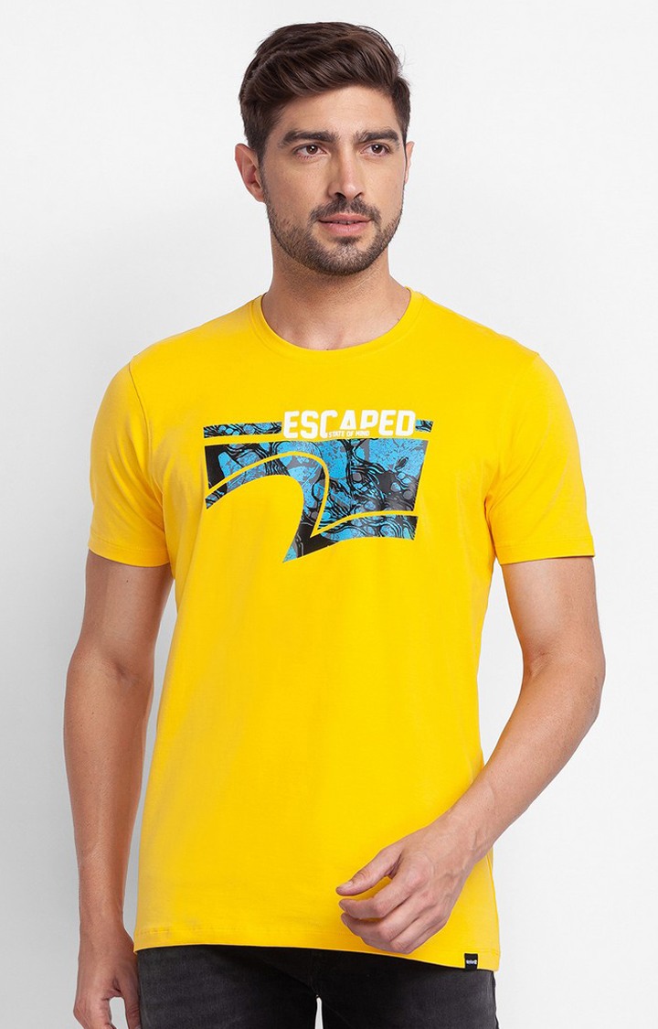Spykar Chrome Yellow Cotton Half Sleeve Printed Casual T Shirt For Men