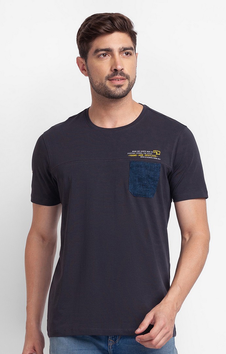 spykar | Spykar Slate Grey Cotton Half Sleeve Plain Casual T-Shirt For Men 0