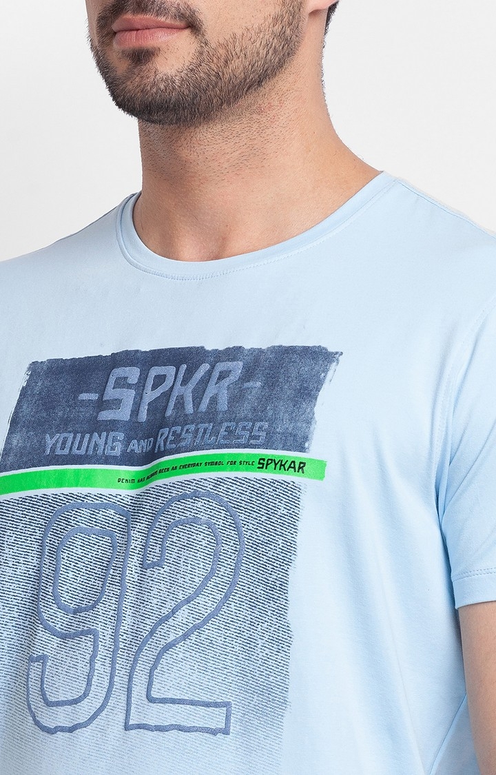 spykar | Spykar Powder Blue Cotton Half Sleeve Printed Casual T-Shirt For Men 5