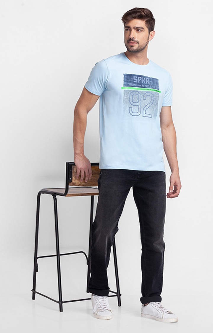 spykar | Spykar Powder Blue Cotton Half Sleeve Printed Casual T-Shirt For Men 2