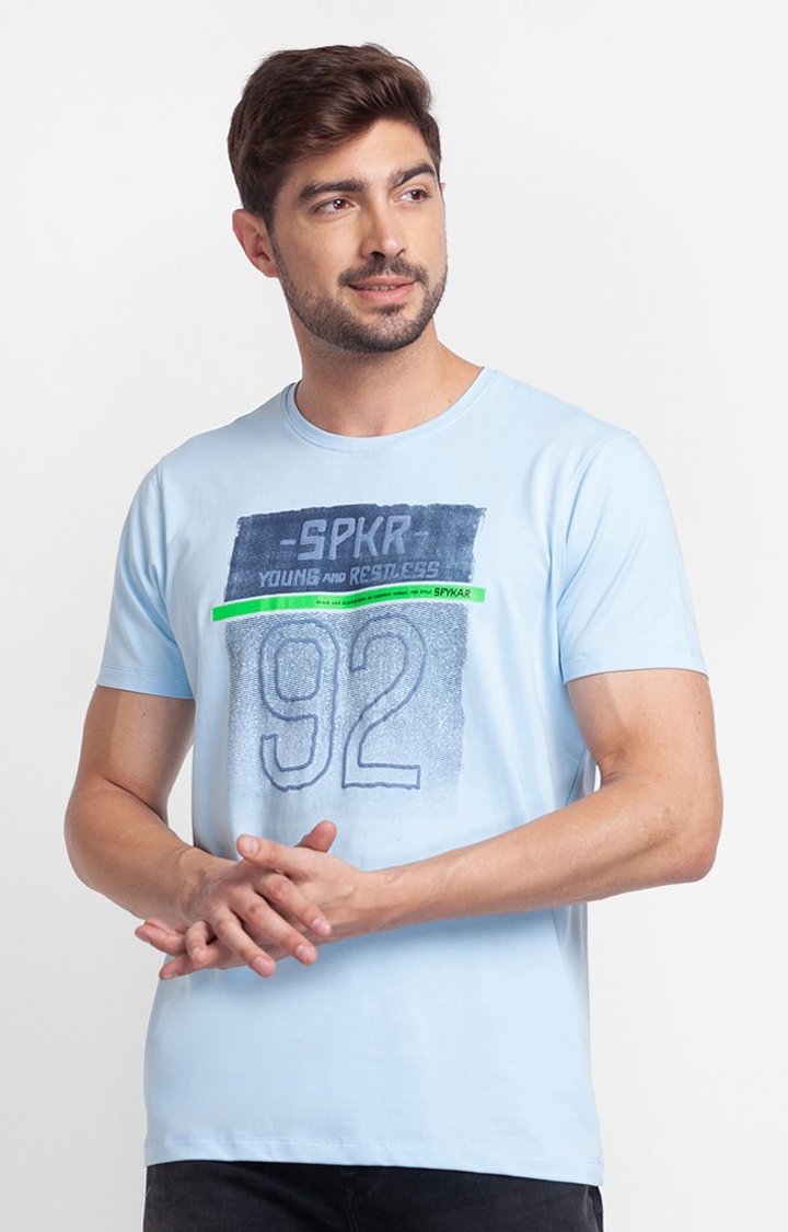 spykar | Spykar Powder Blue Cotton Half Sleeve Printed Casual T-Shirt For Men 0