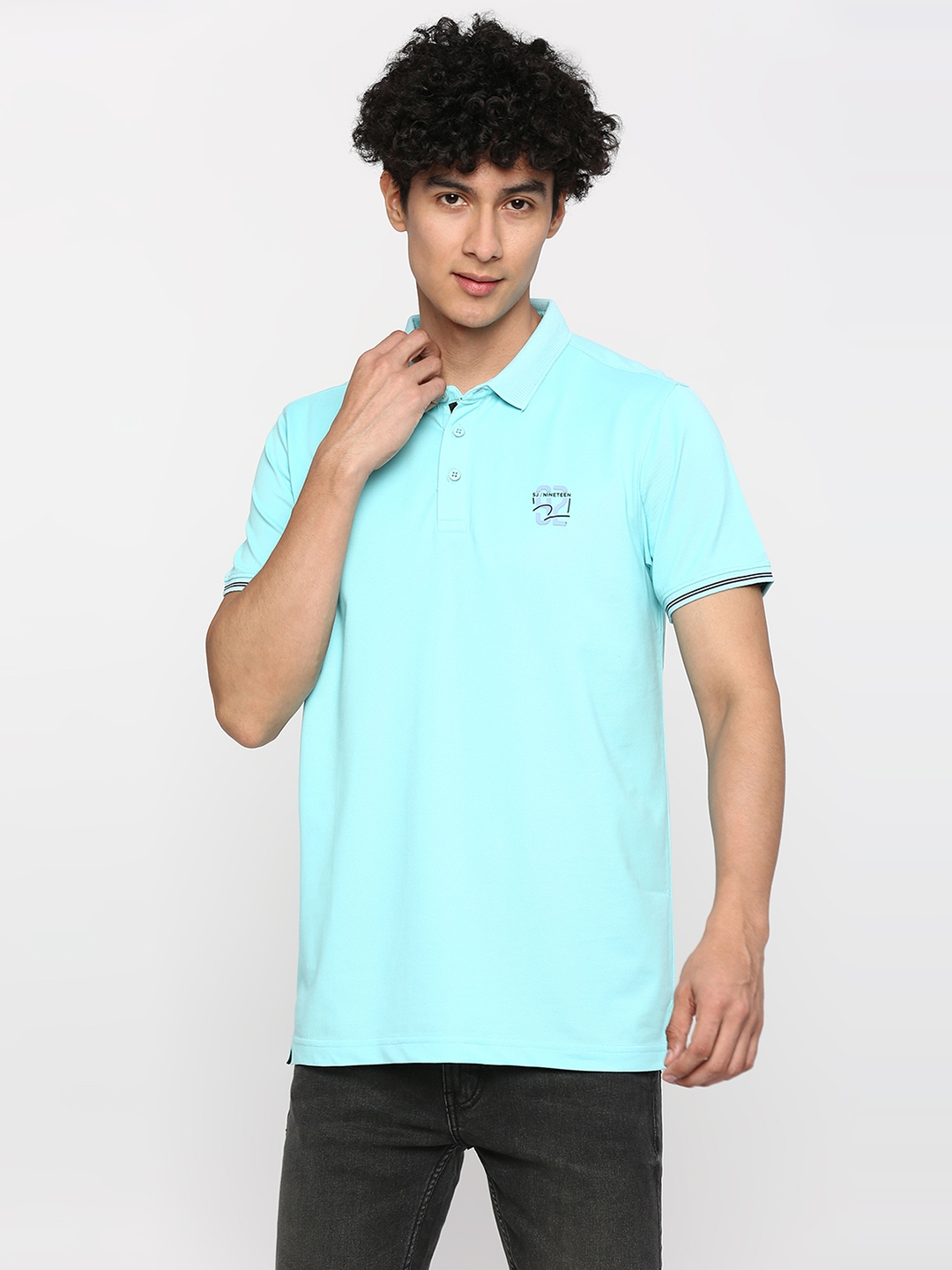 spykar | Spykar Men Cool Blue Cotton Slim Fit Plain Polo Neck Tshirt 0
