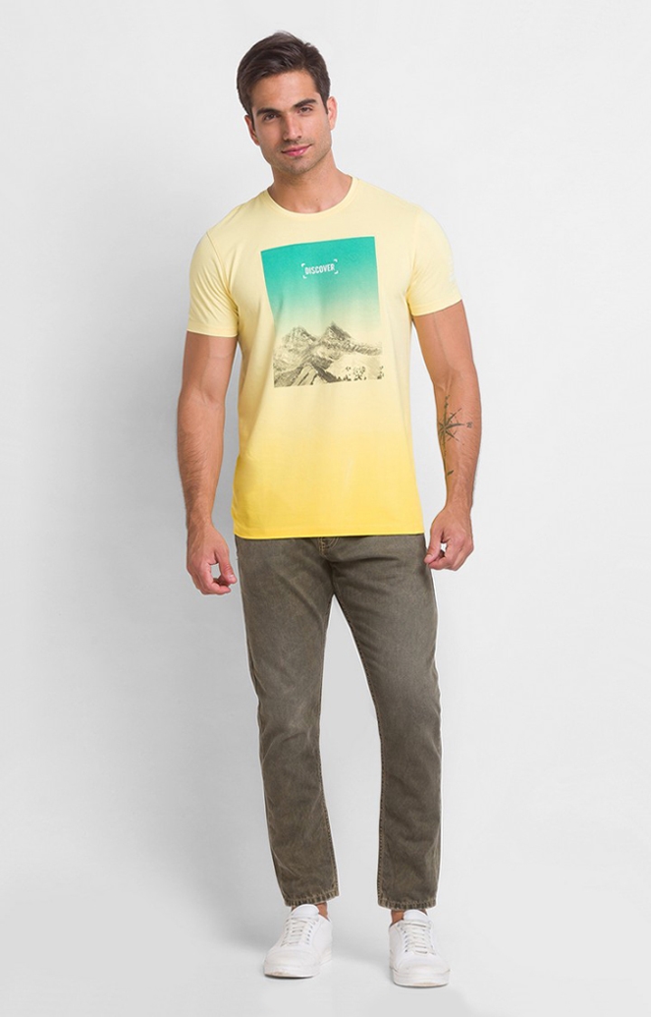 spykar | Spykar Butter Yellow Cotton Half Sleeve Printed Casual T-Shirt For Men 1