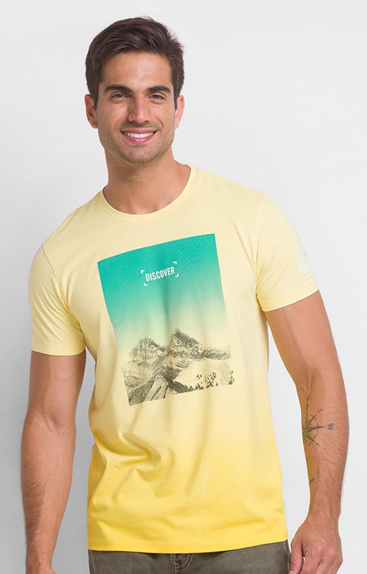 spykar | Spykar Butter Yellow Cotton Half Sleeve Printed Casual T-Shirt For Men 0