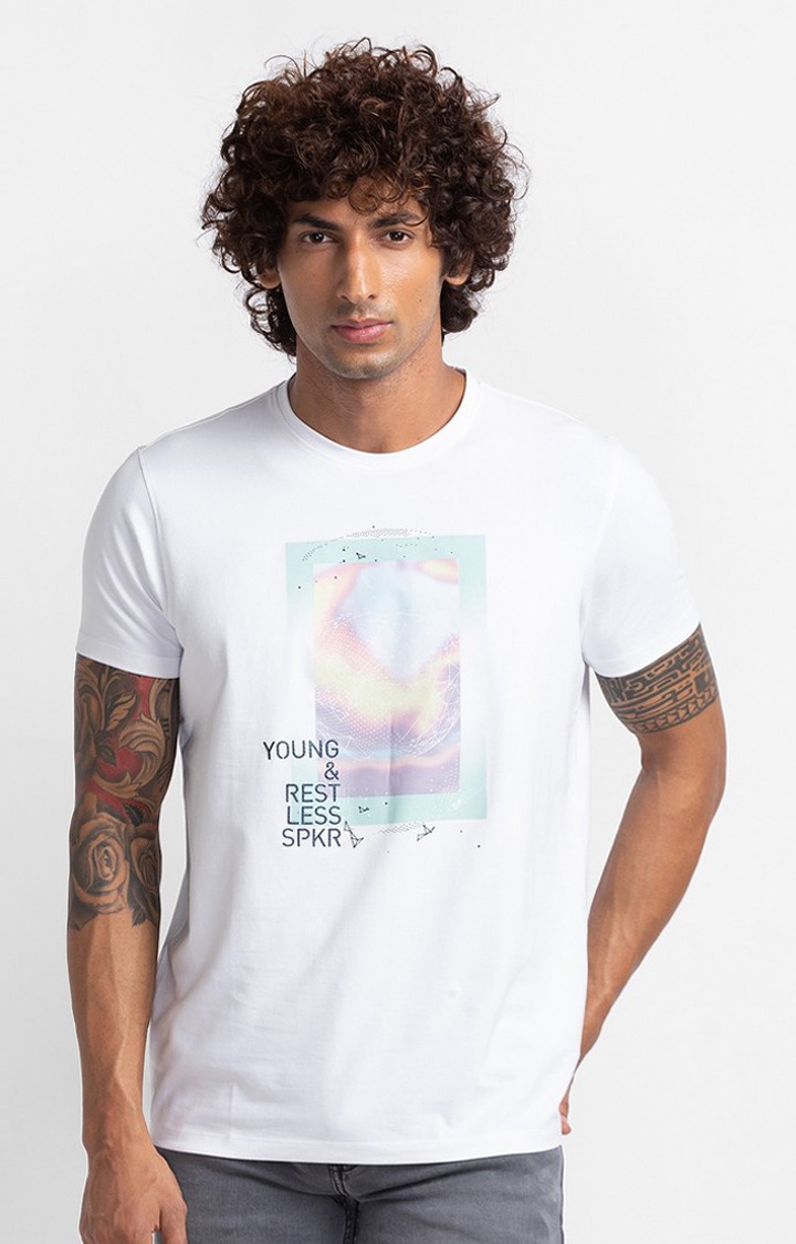 Spykar White Cotton Half Sleeve Printed Casual T-Shirt For Men