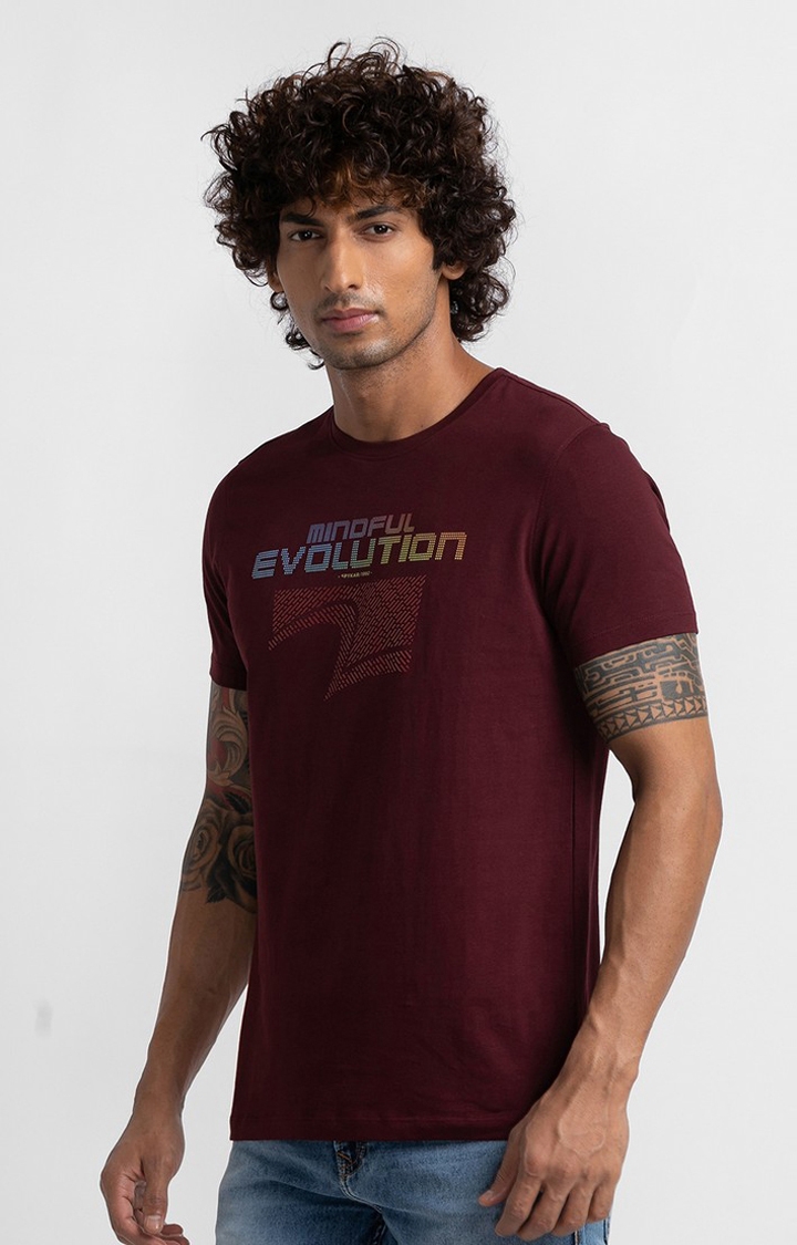 spykar | Spykar Wine Cotton Half Sleeve Printed Casual T-Shirt For Men 3