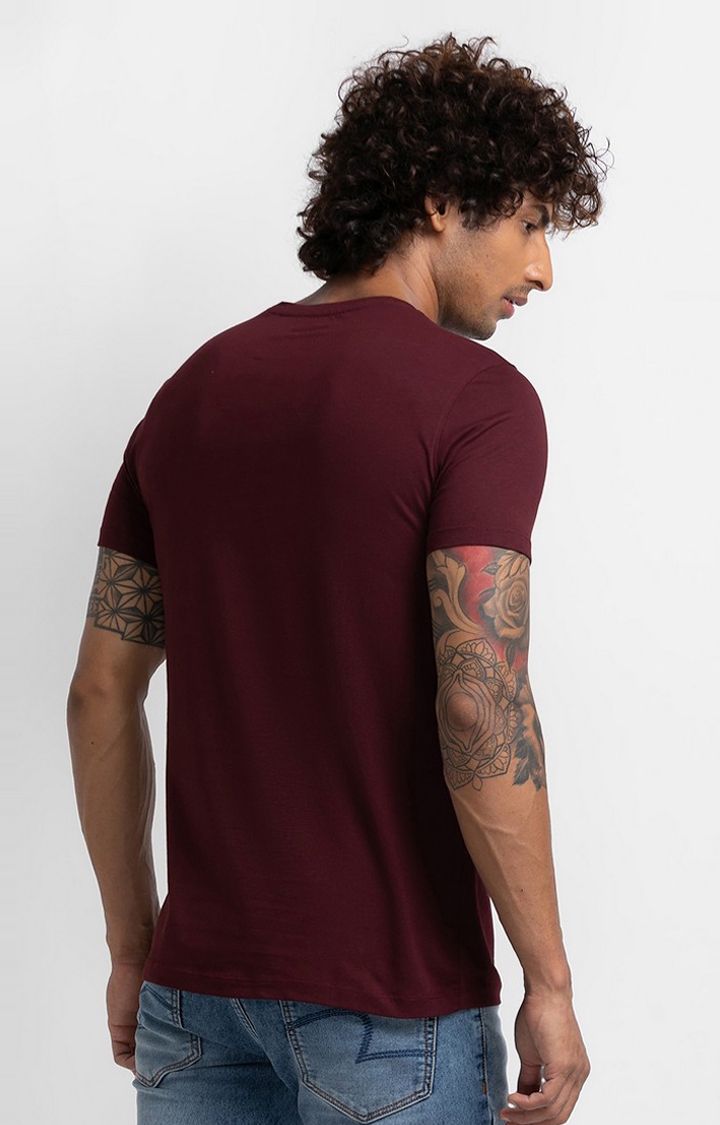 spykar | Spykar Wine Cotton Half Sleeve Printed Casual T-Shirt For Men 4