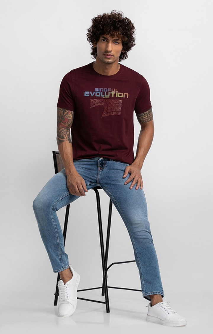 spykar | Spykar Wine Cotton Half Sleeve Printed Casual T-Shirt For Men 2