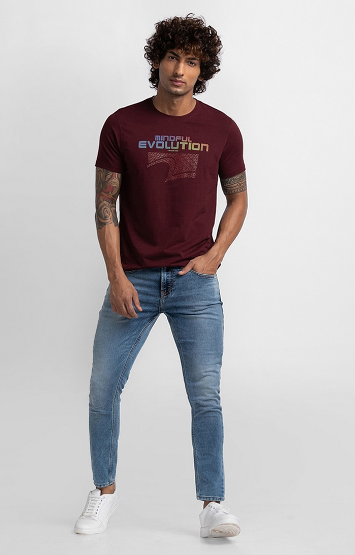 spykar | Spykar Wine Cotton Half Sleeve Printed Casual T-Shirt For Men 1