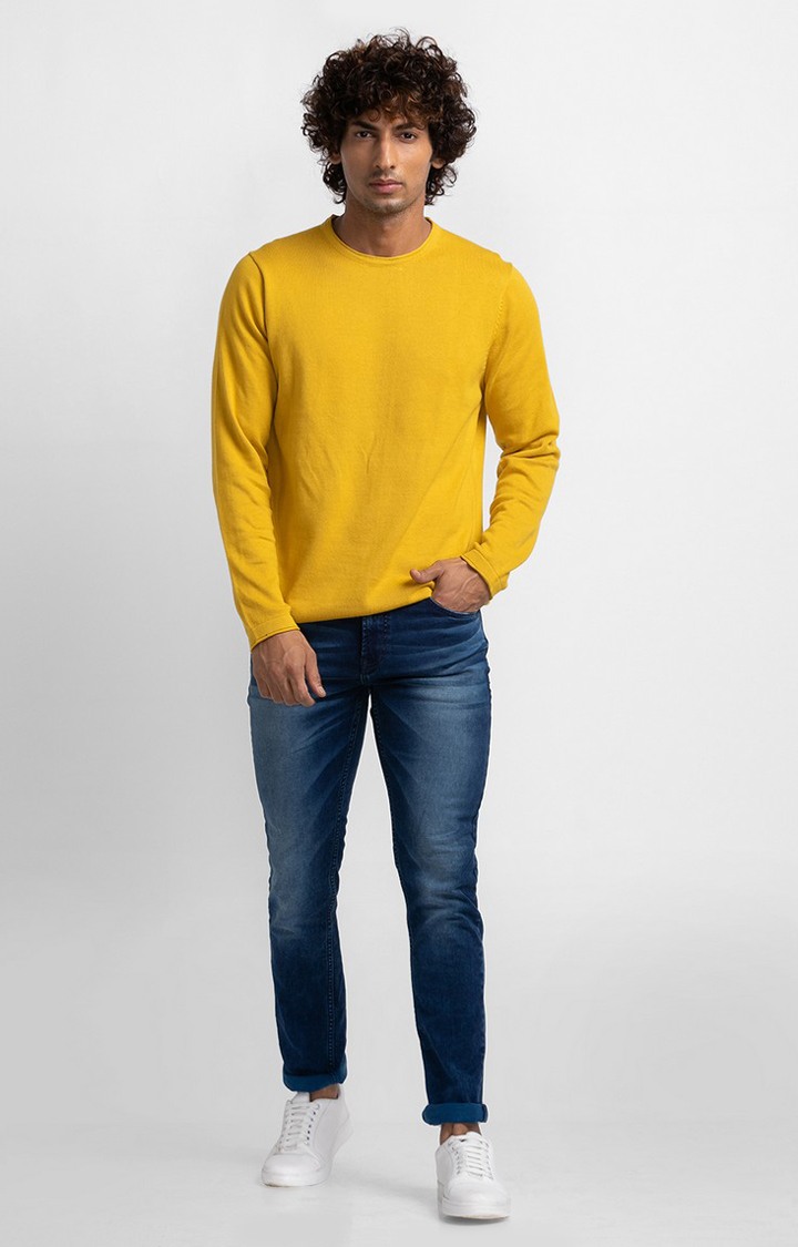 Spykar Sulphur Yellow Cotton Full Sleeve Casual Sweater For Men