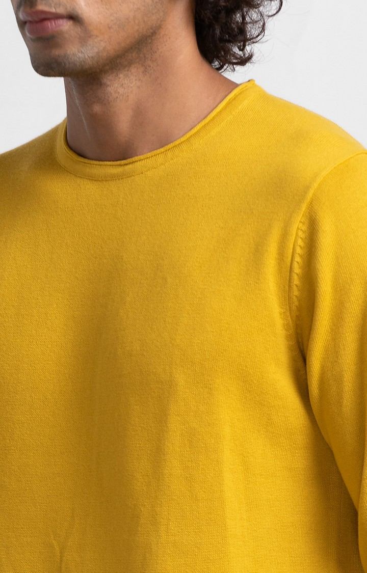 Spykar Sulphur Yellow Cotton Full Sleeve Casual Sweater For Men