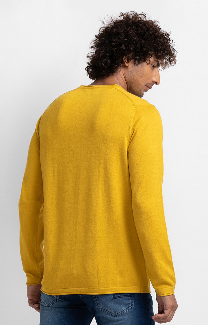 Spykar Sulphur Yellow Cotton Full Sleeve Casual Sweater For Men