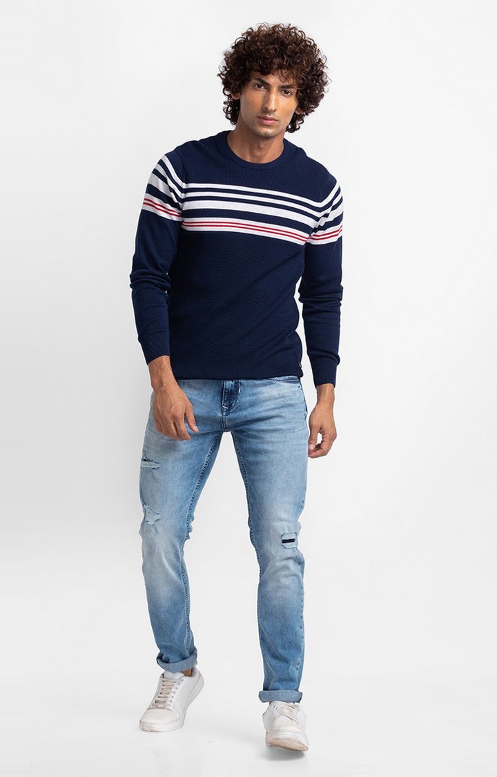 Spykar Navy Ash Melange Cotton Full Sleeve Casual Sweater For Men