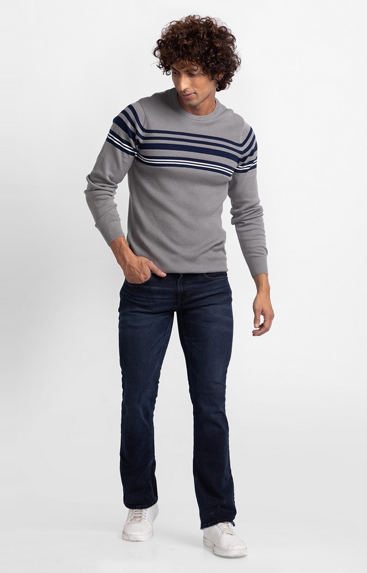 spykar | Spykar Cement Grey Navy Cotton Full Sleeve Casual Sweater 1