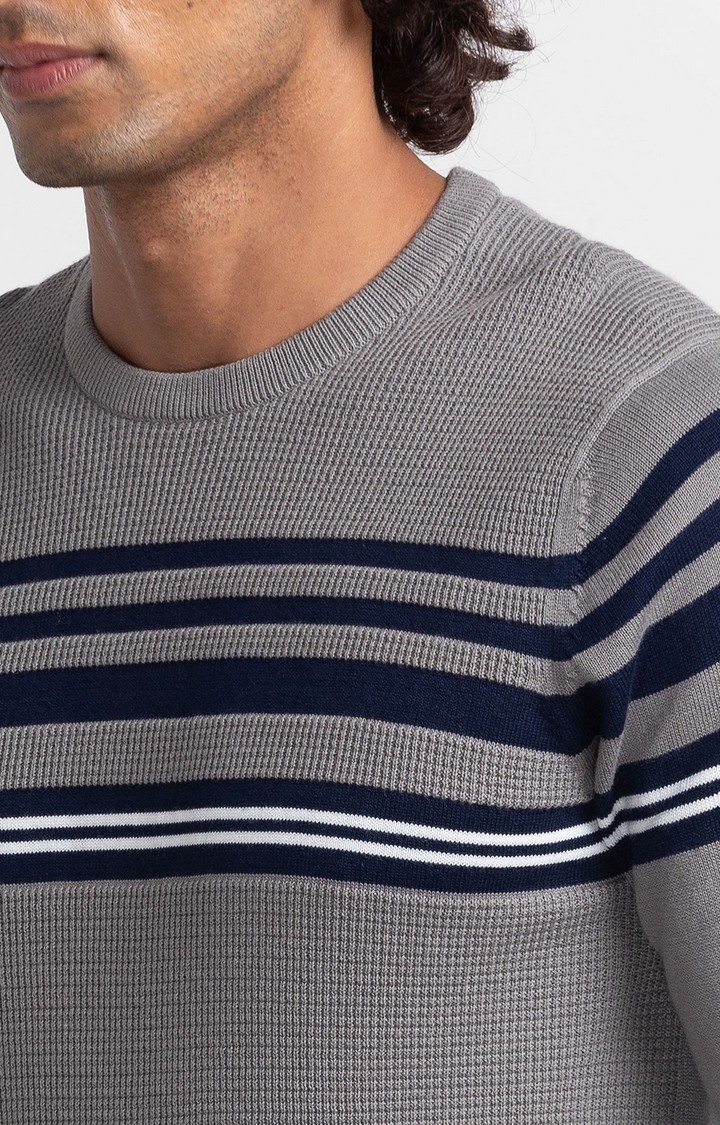 spykar | Spykar Cement Grey Navy Cotton Full Sleeve Casual Sweater 5