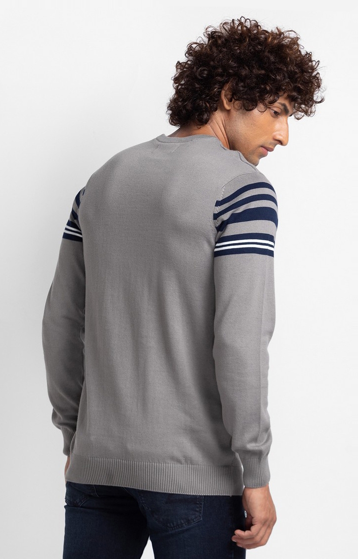spykar | Spykar Cement Grey Navy Cotton Full Sleeve Casual Sweater 4