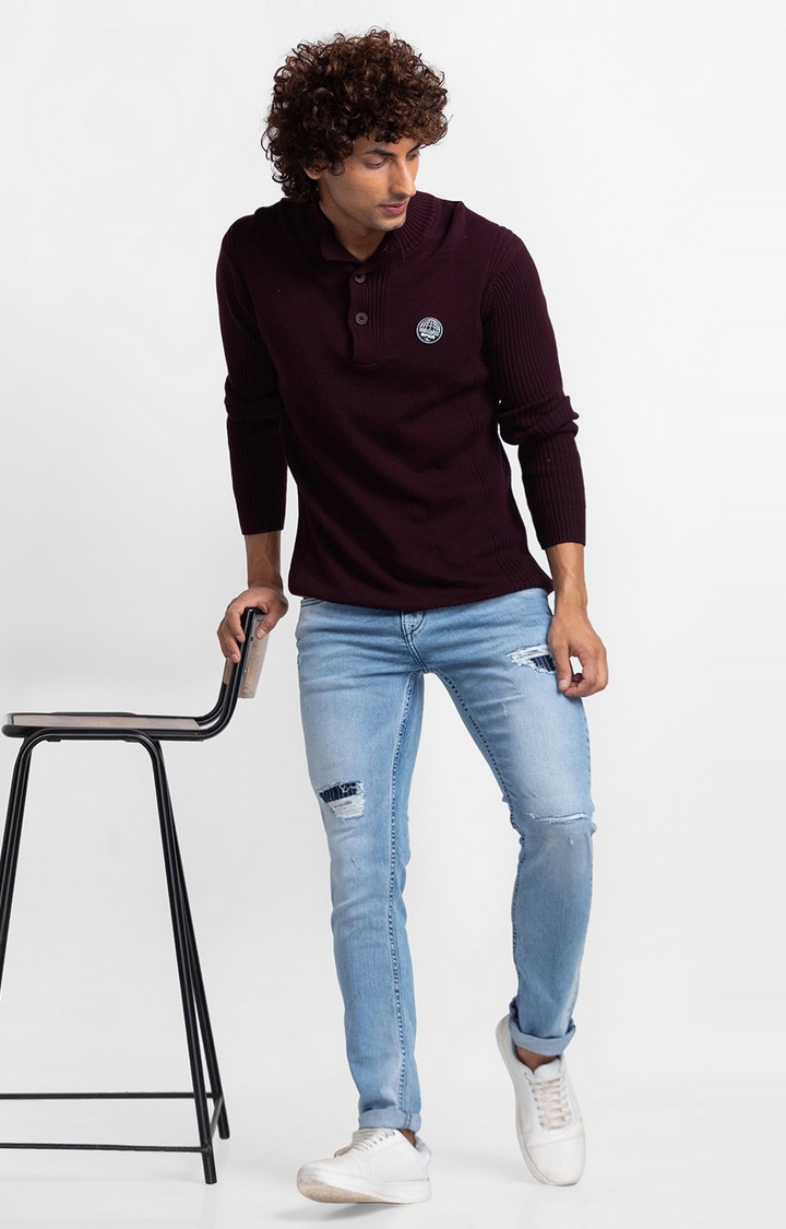 Spykar | Spykar Wine Cotton Full Sleeve Casual Sweater For Men 2